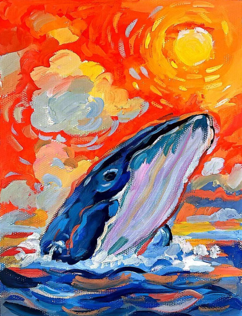 A large humpback whale is getting ready to breach out of the water. The sky is a mixture of orange and yellow with the sun shining bright.